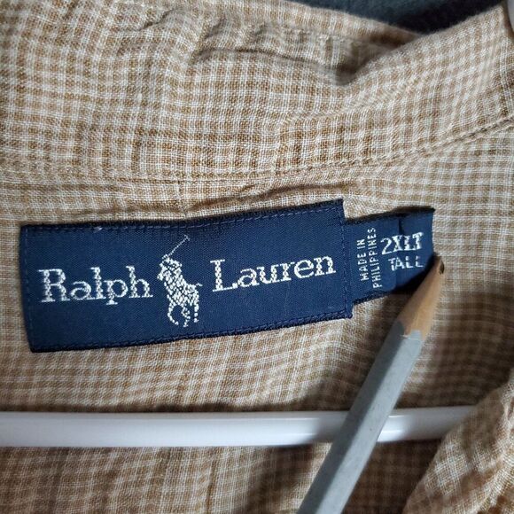 Ralph Lauren Short Sleeve Plaid Men's Size 2XLT Light Brown Button Up Shirt - Picture 2 of 10